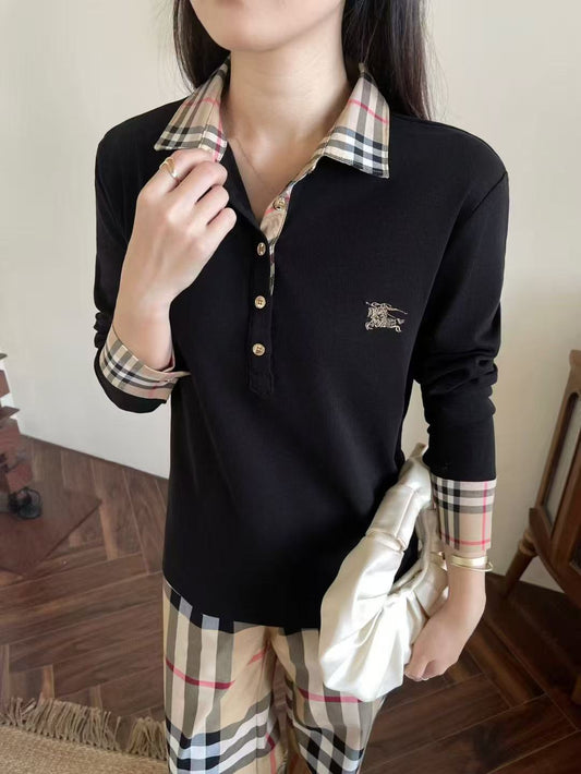 Áo Bb thun tay dài cổ bẻ caro nhỏ Màu Đen 7524