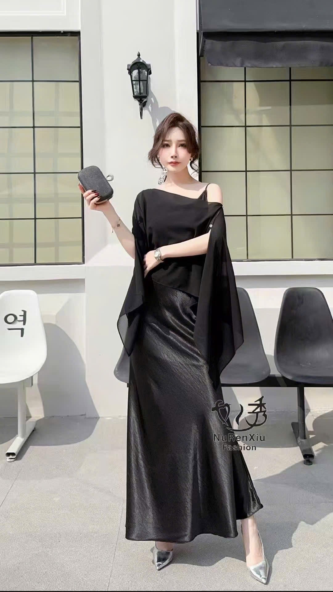 Đầm đen lệch vai quyến rũ 5533