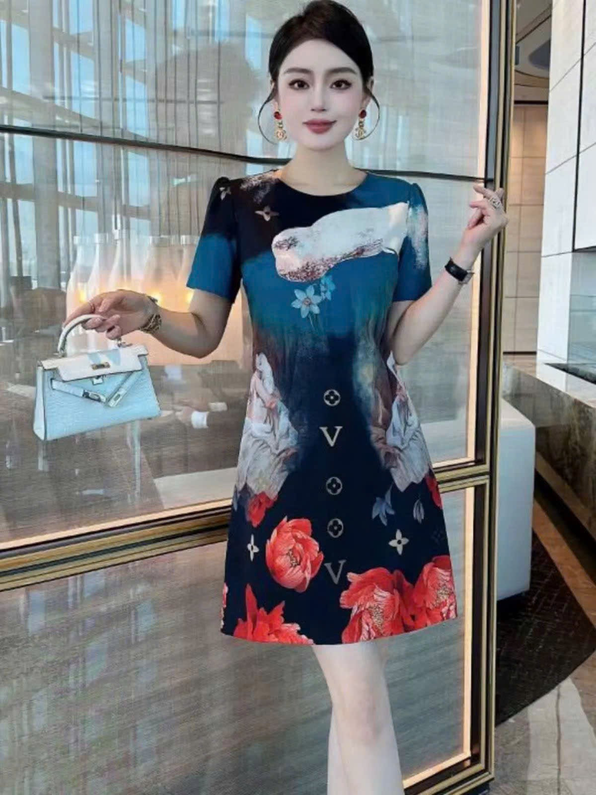 Đầm suông lụa 2 lớp lv loang xanh 7491