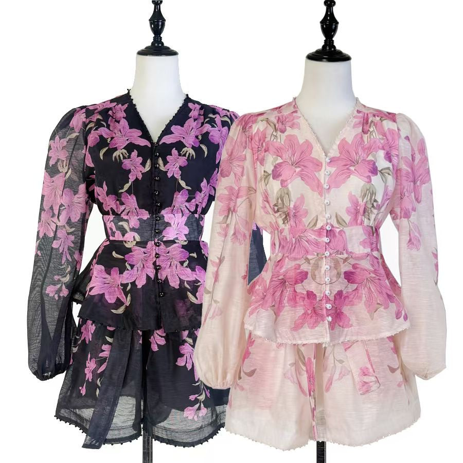 Set lụa quần sọt áo dài tay xịn hoa tím màu trắng 6729