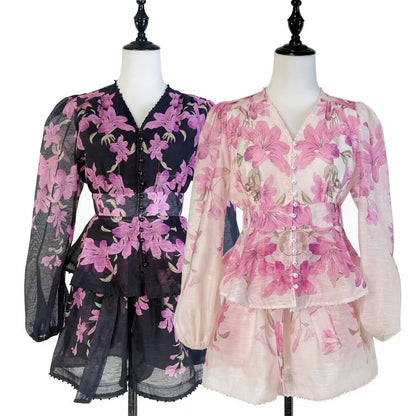 Set lụa quần sọt áo dài tay xịn hoa tím màu trắng 6729