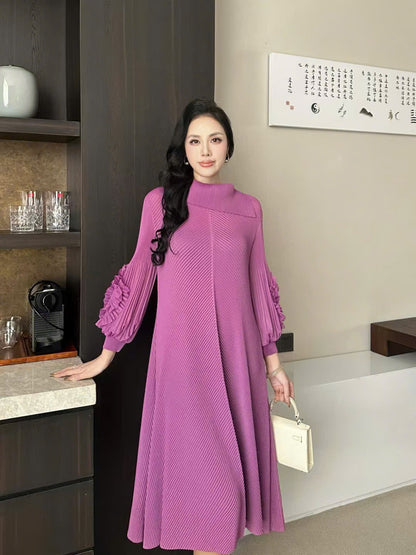 Đầm suông nhún cao cấp tay bồng Màu ĐEN 5024