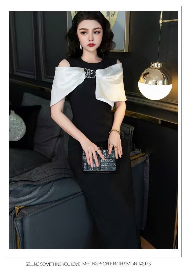 Đầm đen phối tay trắng tôn dáng 5529