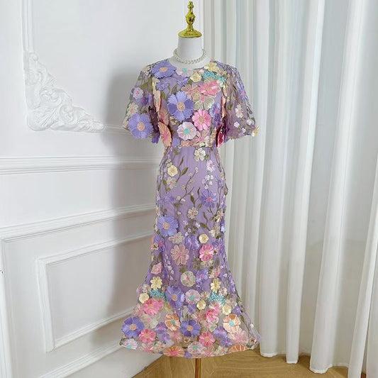 Đầm ren hoa nổi đuôi cá ngắn tay Màu Tím 6814