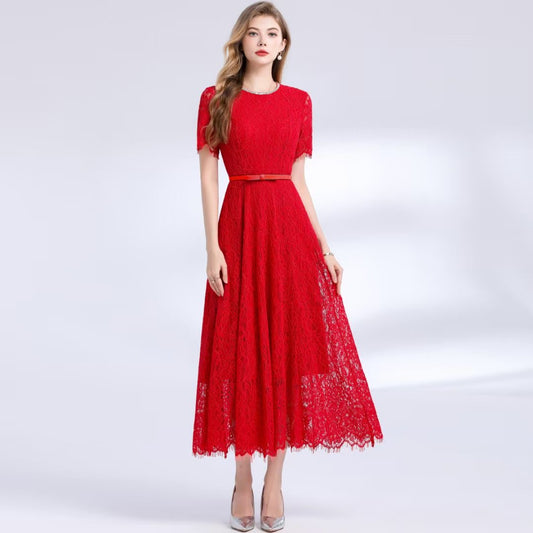 Đầm ren mềm dài kèm belt nhẹ nhàng màu ĐỎ 6779