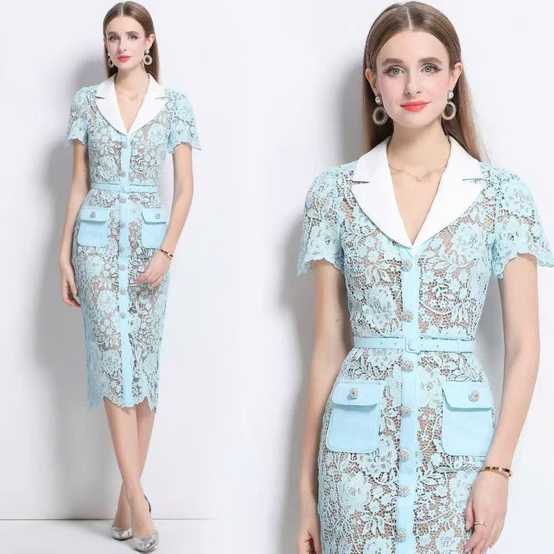 Đầm ren cổ vest kèm belt Màu Xanh dài 6339