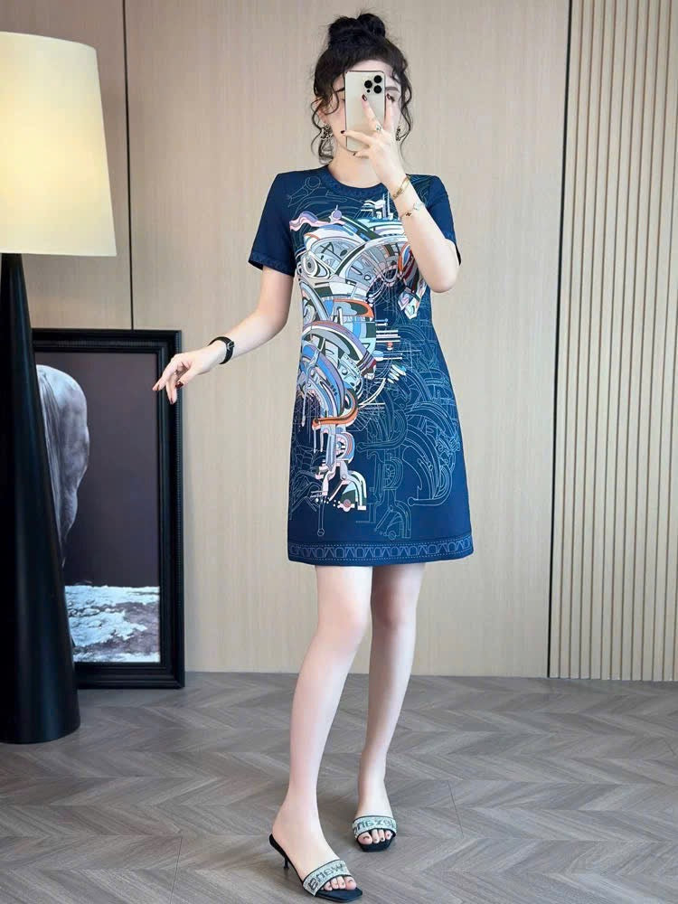 Đầm suông lụa hoạ tiết xanh than 7462