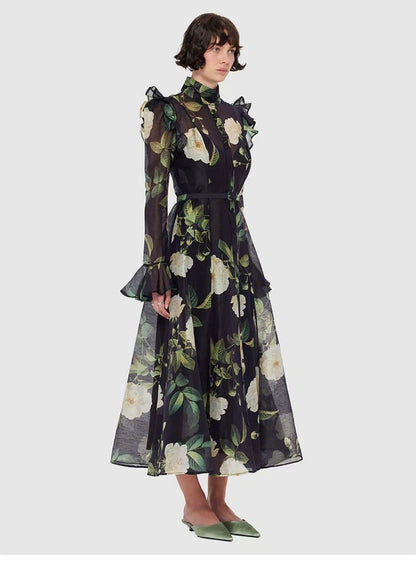 Đầm voan lụa maxi kèm belt bông xanh 5305