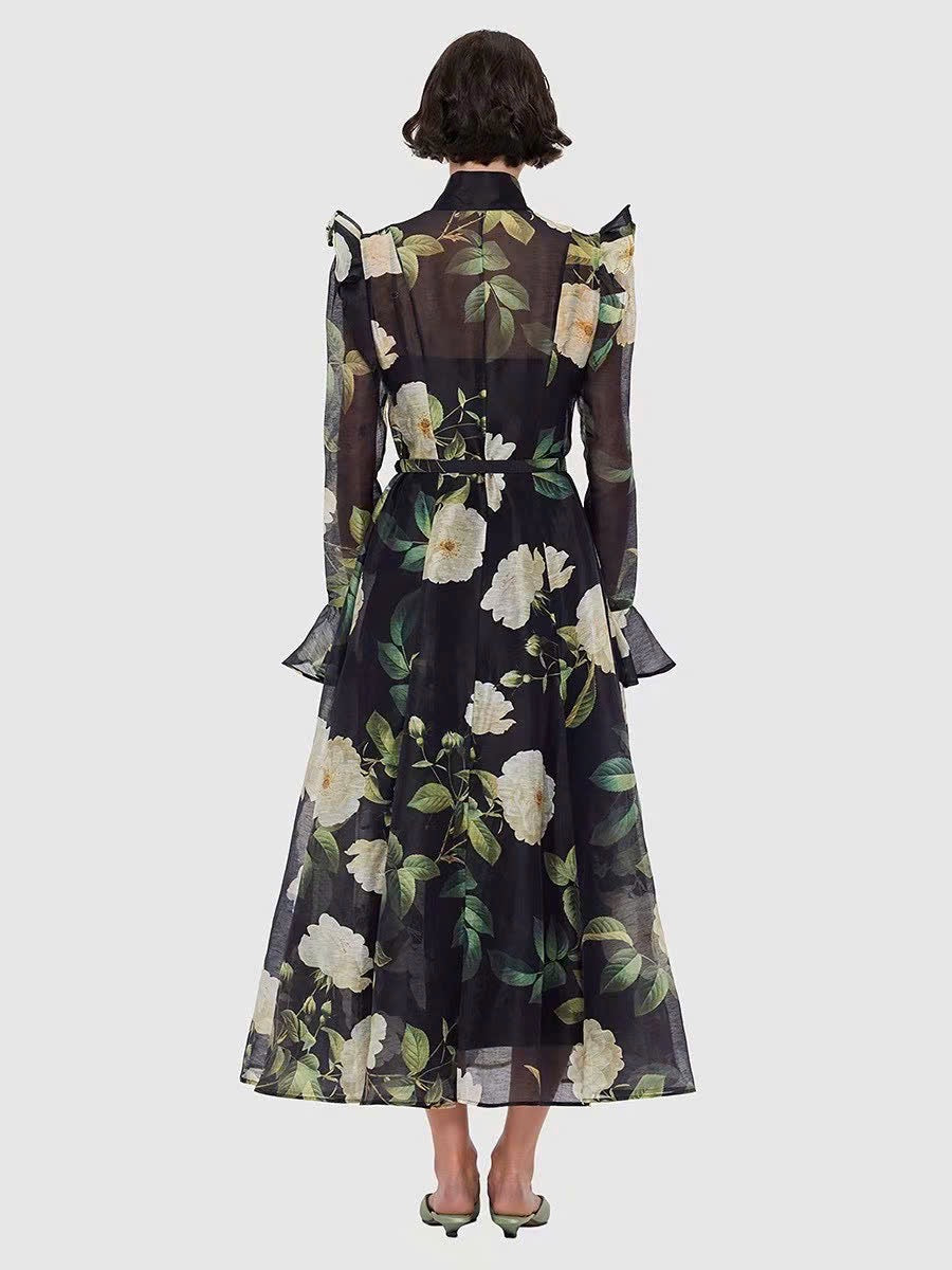 Đầm voan lụa maxi kèm belt bông xanh 5305