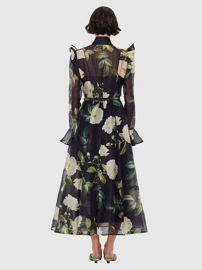 Đầm voan lụa maxi kèm belt bông xanh 5305