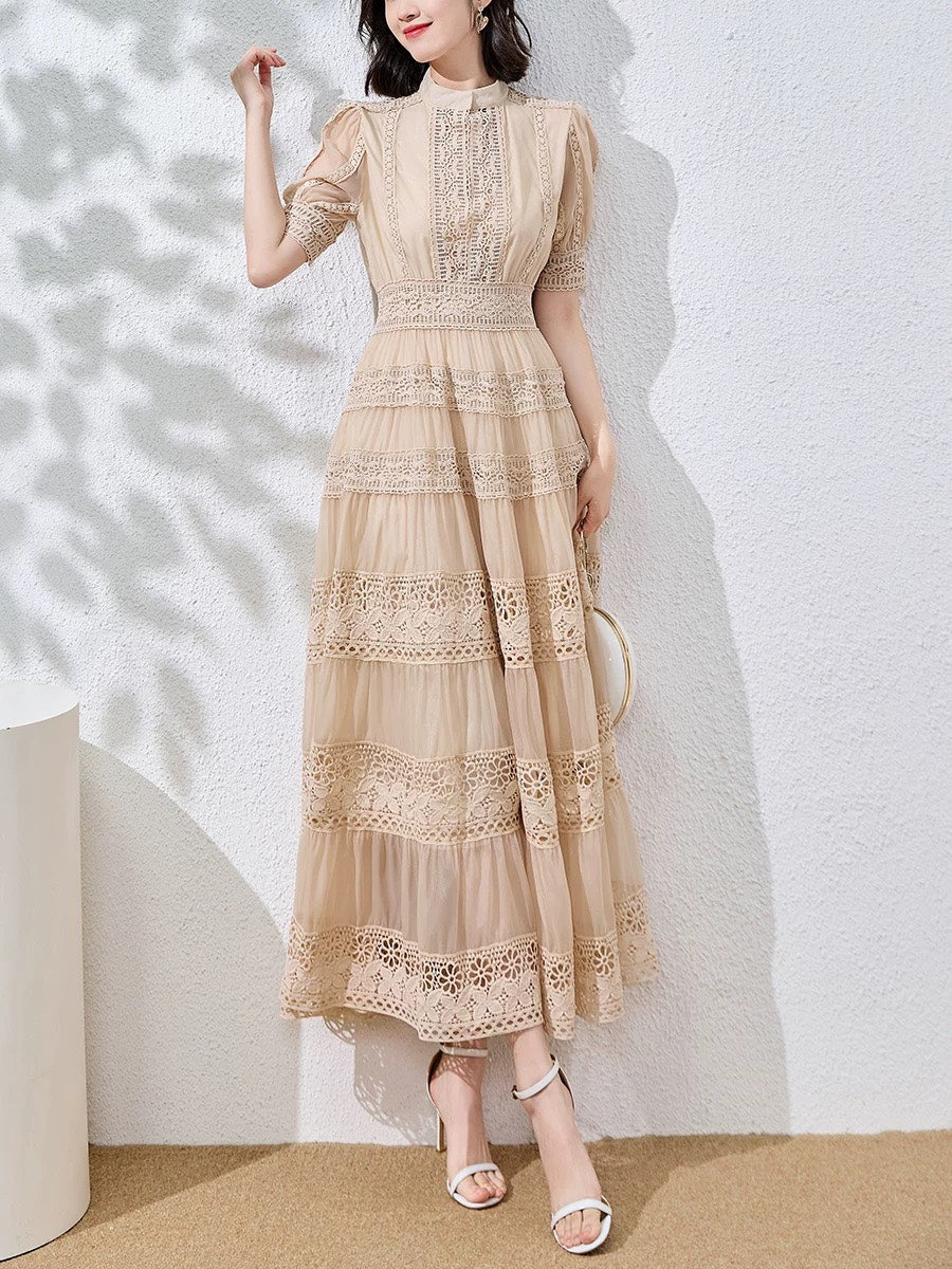 Đầm maxi ren cổ trụ - hồng nude 2788