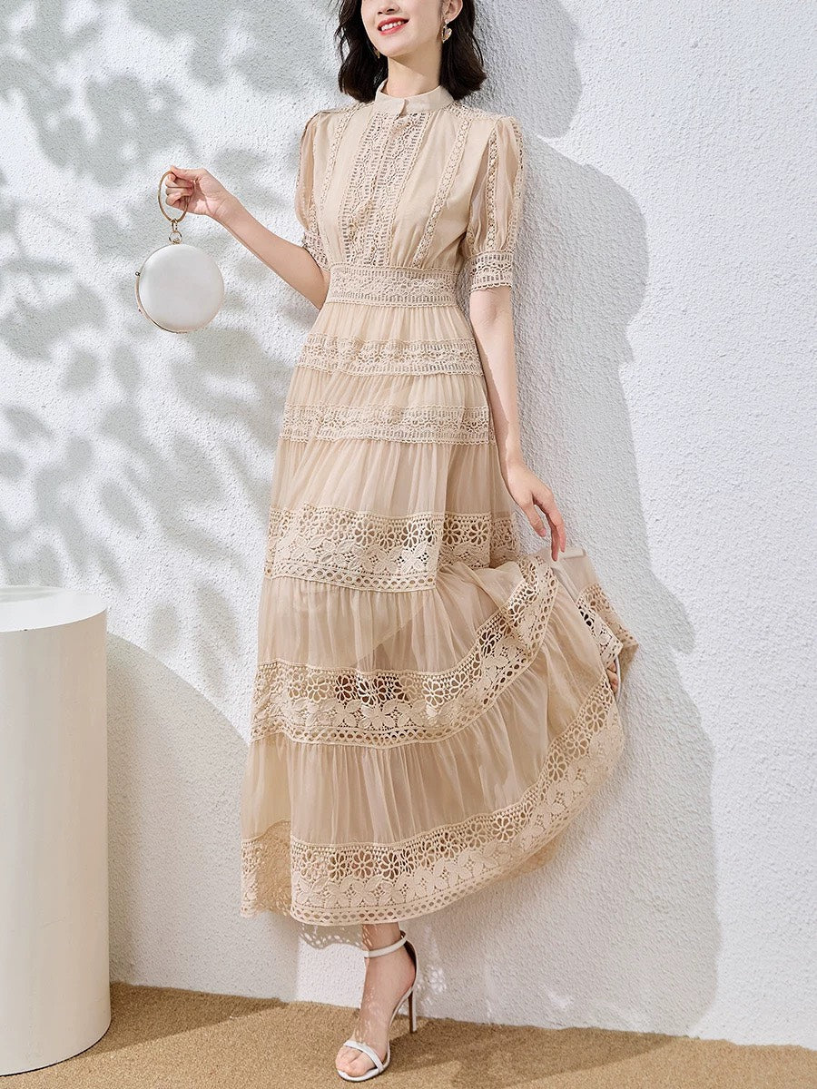 Đầm maxi ren cổ trụ - hồng nude 2788