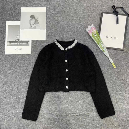 Áo khoác len lông đính đá cổ kèm nút đá màu đen 4861