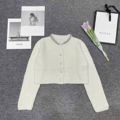 Áo khoác len lông đính đá cổ kèm nút đá màu đen 4861