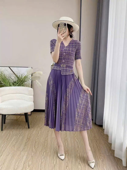 Đầm thun nhún tay ngắn ánh kim tôn dáng màu tím 6011