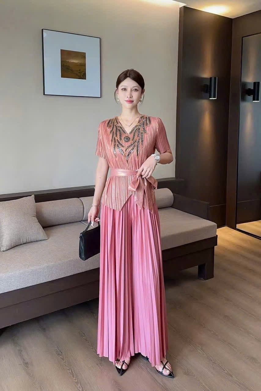 Sét thun nhún dính cườm sang trọng màu Hồng nhạt 6015