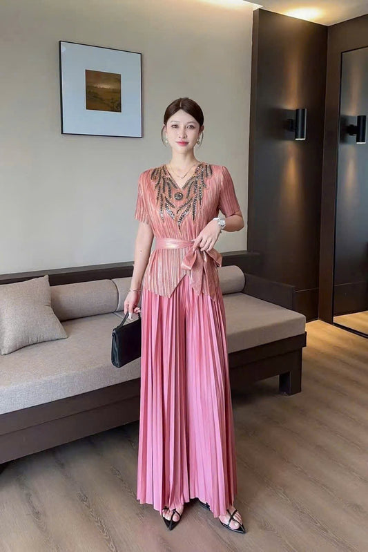 Sét thun nhún dính cườm sang trọng màu Hồng nhạt 6015