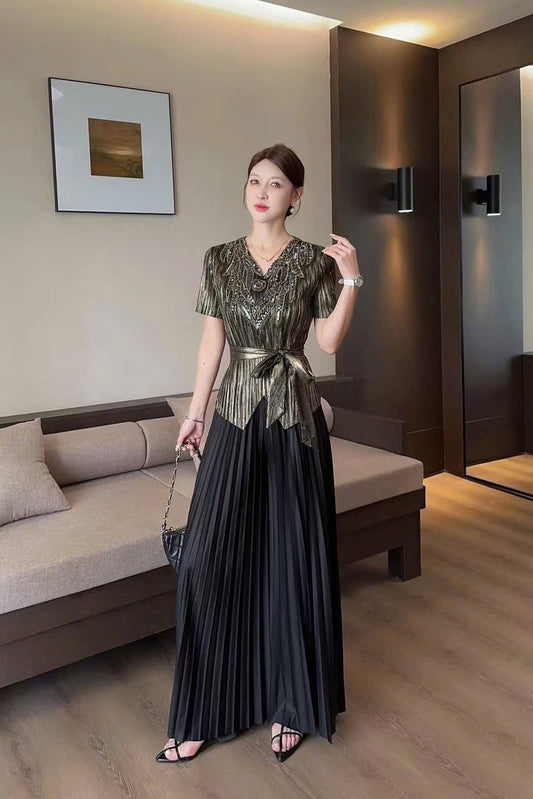 Sét thun nhún dính cườm sang trọng màu Đen 6018