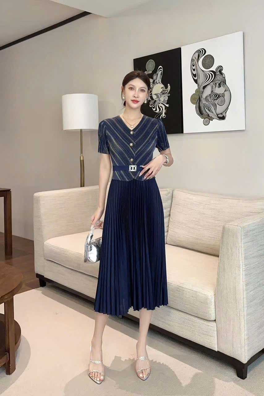 Đầm thun nhún hoạ tiết sọc màu Xanh Than 6020