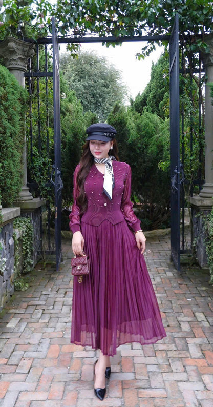 Đầm thun nhún dập ly đính hạt trai tay dài màu tím 6045