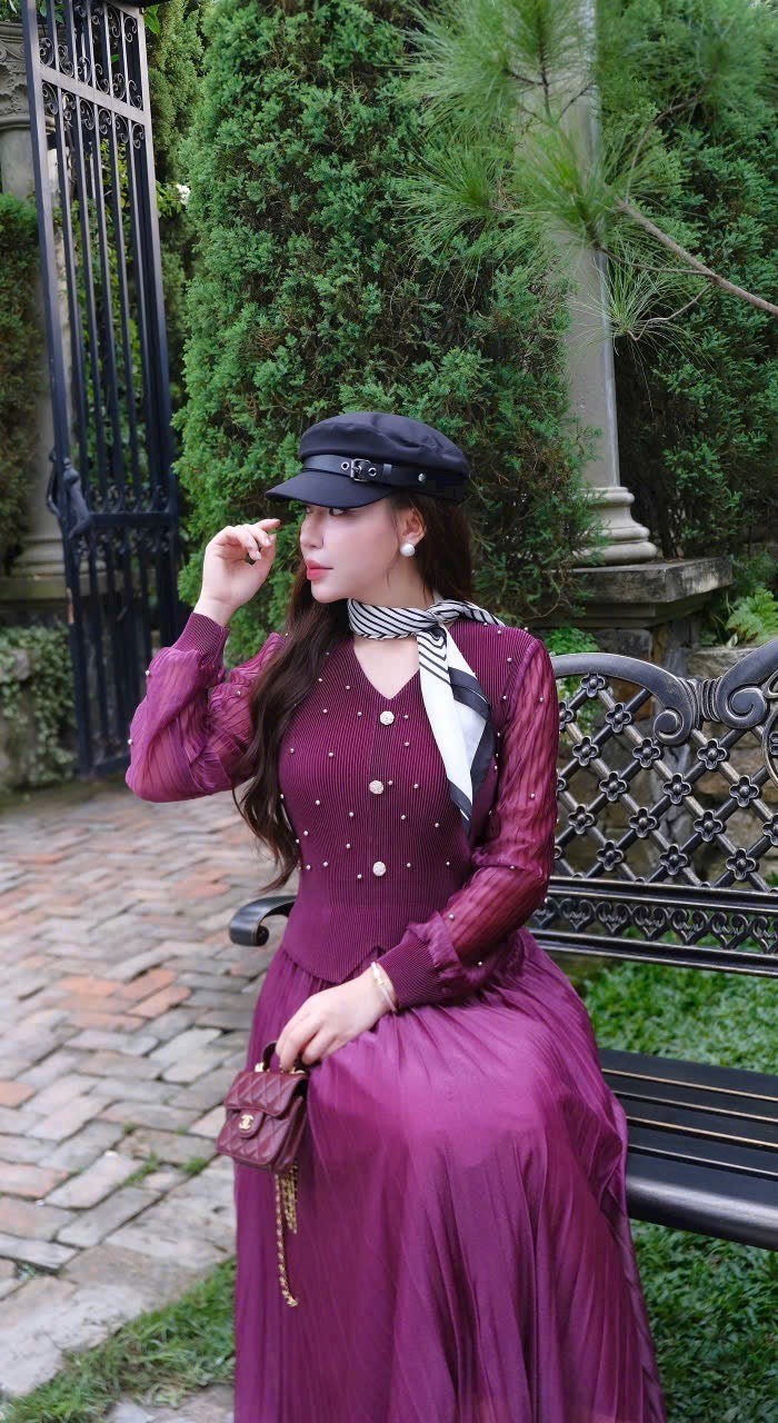 Đầm thun nhún dập ly đính hạt trai tay dài màu tím 6045