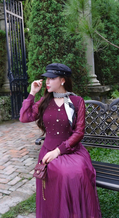 Đầm thun nhún dập ly đính hạt trai tay dài màu tím 6045