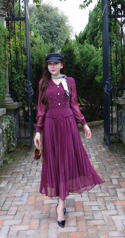 Đầm thun nhún dập ly đính hạt trai tay dài màu tím 6045