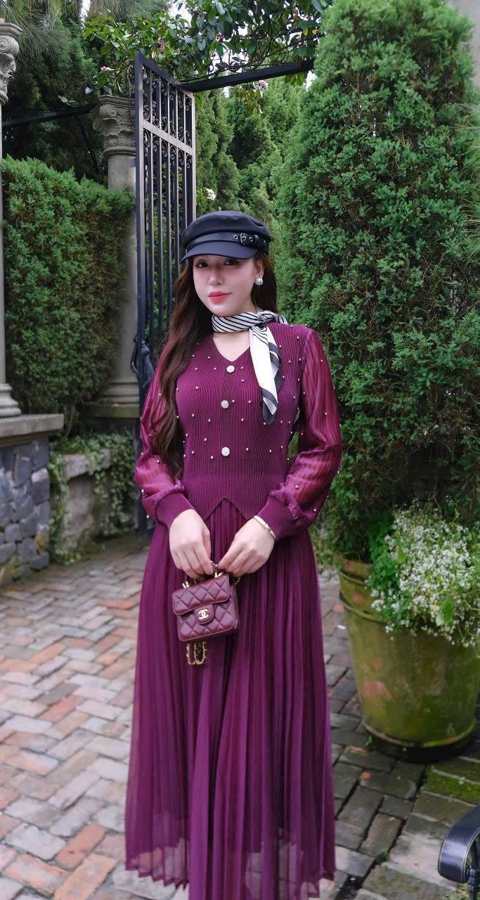 Đầm thun nhún dập ly đính hạt trai tay dài màu tím 6045