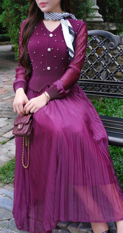 Đầm thun nhún dập ly đính hạt trai tay dài màu tím 6045