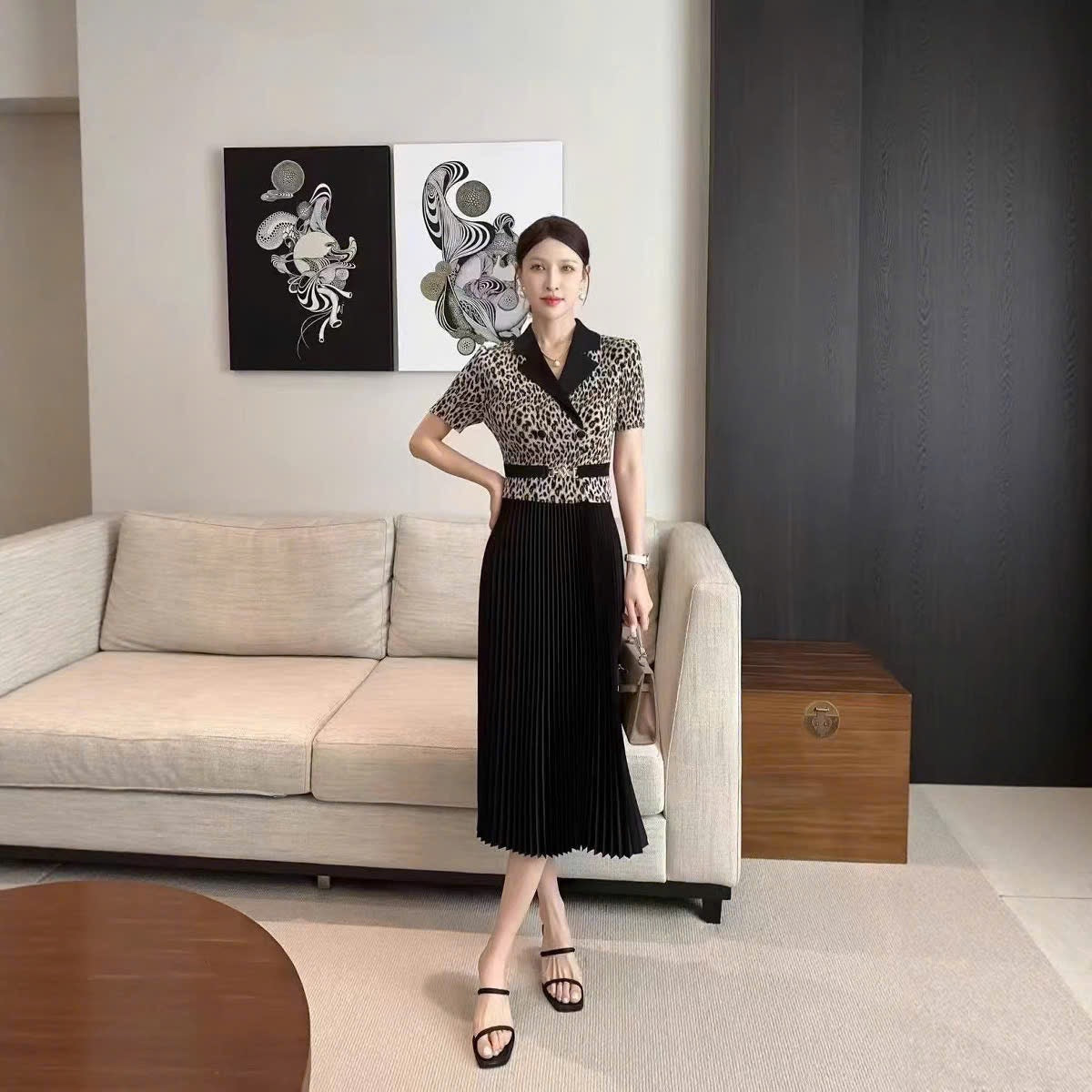 Đầm thun nhún hoạ tiết beo màu Đen 6039