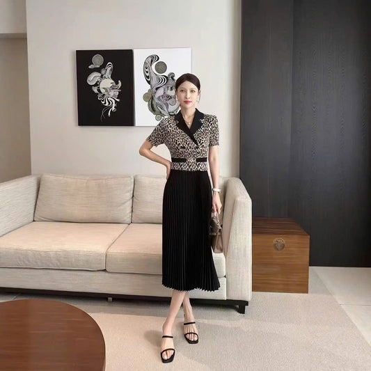 Đầm thun nhún hoạ tiết beo màu Đen 6039