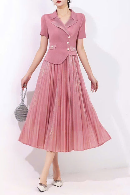 Đầm thun nhún xếp ly cổ vest màu hồng 6054