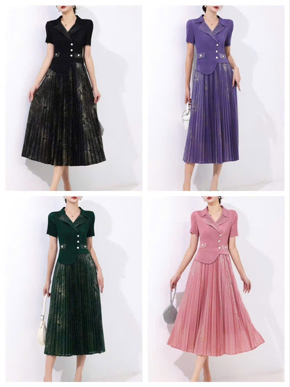 Đầm thun nhún xếp ly cổ vest màu hồng 6054