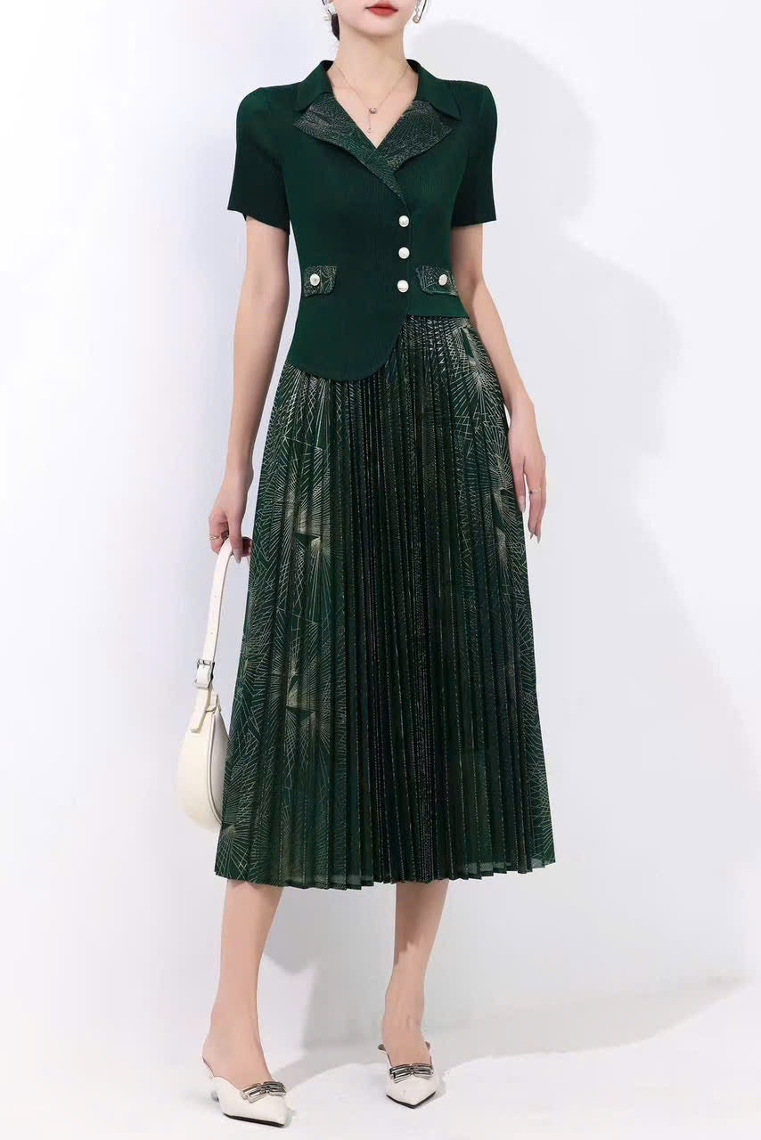 Đầm thun nhún xếp ly cổ vest màu Xanh Rêu 6058