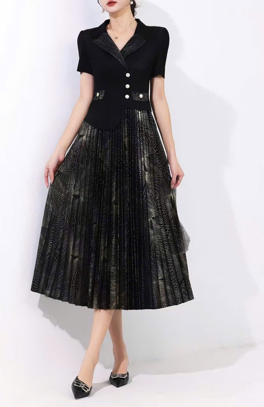 Đầm thun nhún xếp ly cổ vest màu Đen 6059