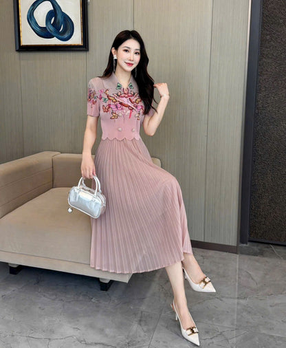 Đầm thun nhún hoạ tiết bướm Hồng 6083