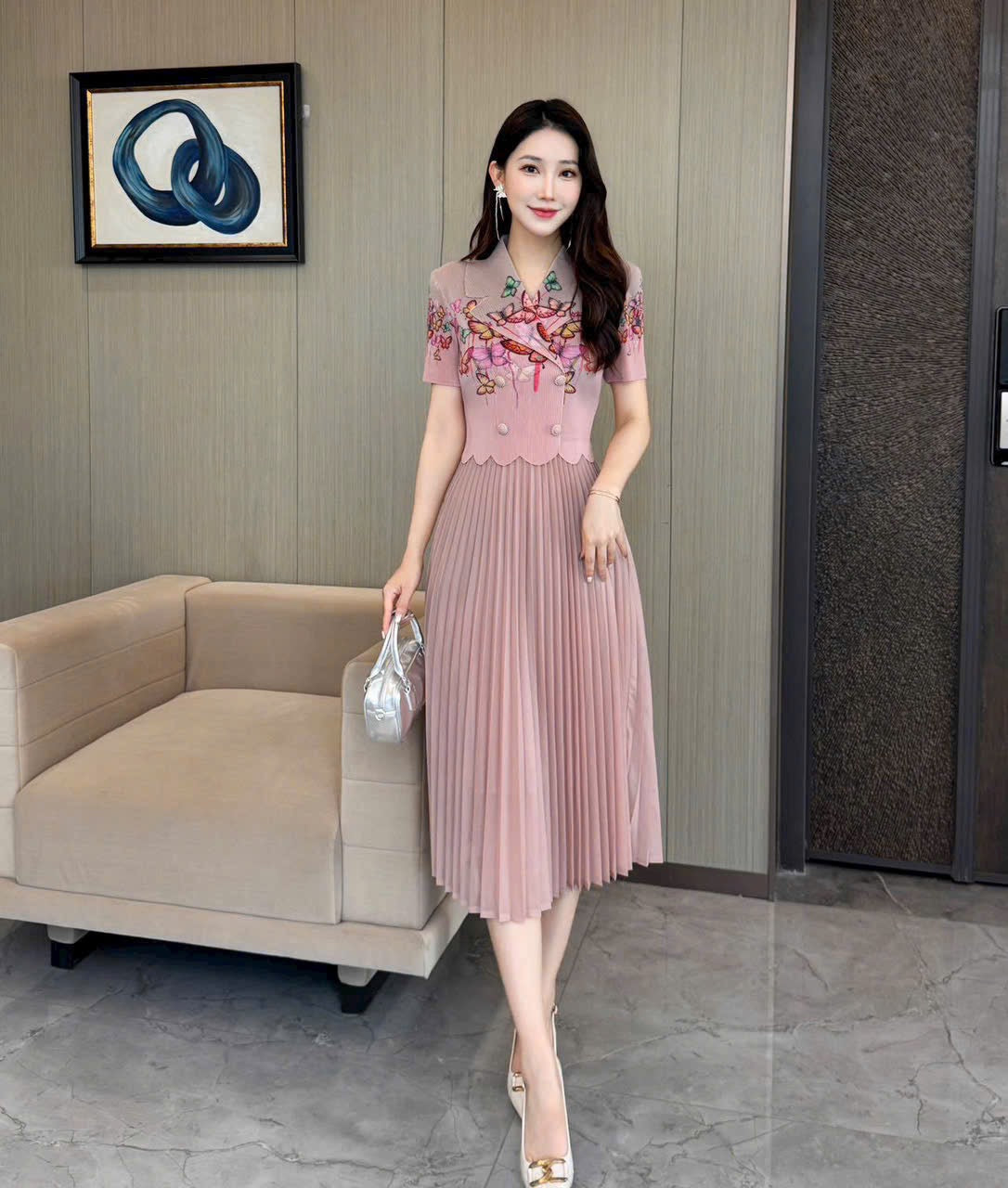 Đầm thun nhún hoạ tiết bướm Hồng 6083