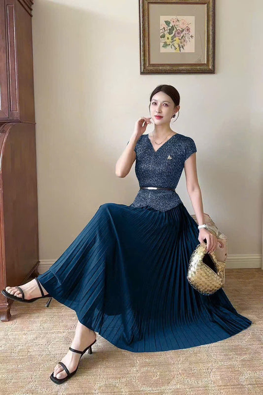 Đầm thun nhún xếp ly kèm belt màu xanh 6086