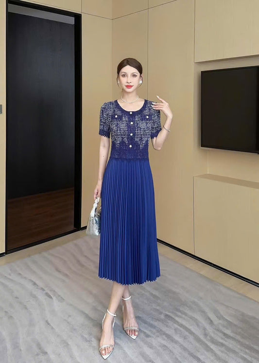 Đầm thun nhún xếp ly phối ren màu Xanh 6089