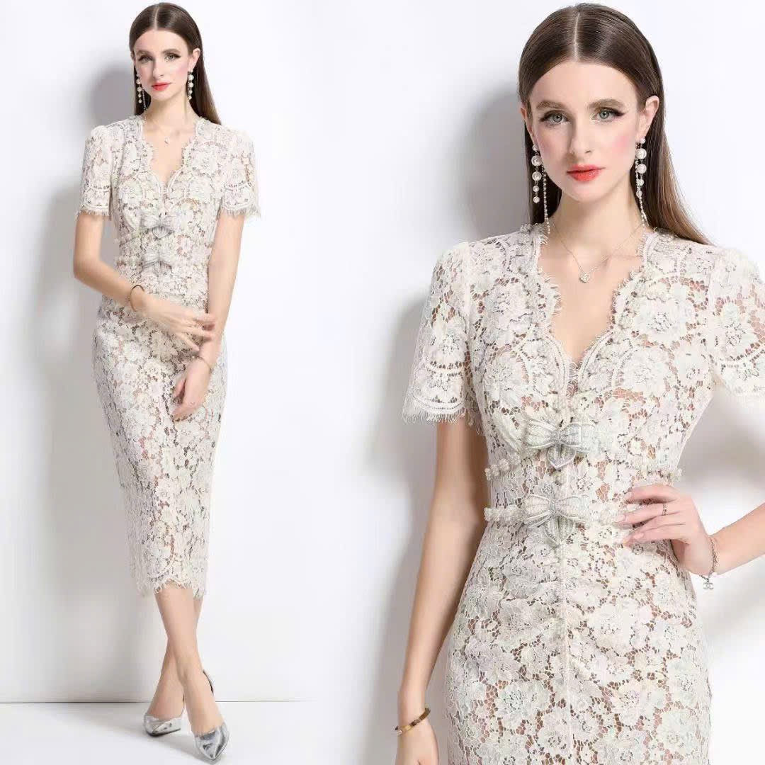 Đầm thiết kế ren ôm body đính đá kèm nơ tháo được 6364