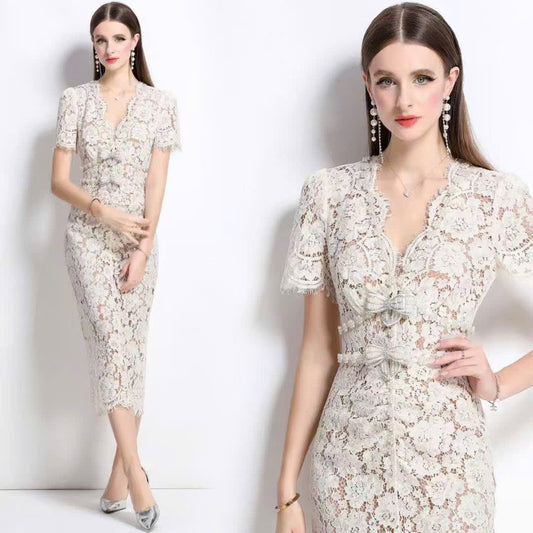 Đầm thiết kế ren ôm body đính đá kèm nơ tháo được 6364