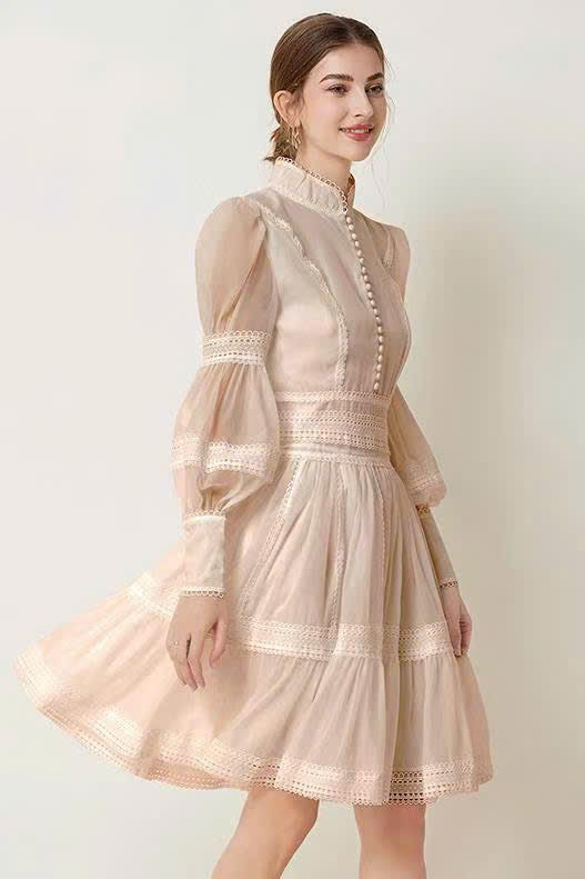 Đầm voan hai lớp tay dài cao cấp màu nu 6368