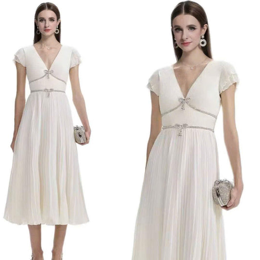 Đầm thiết kế voan đính đá kèm nơ đá tháo được 6373