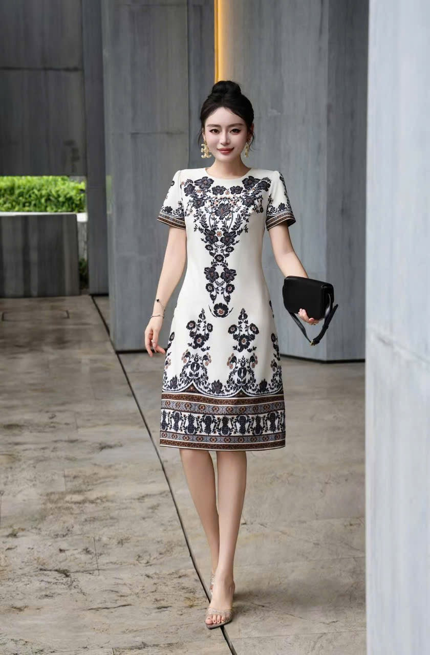 Đầm suông lụa trắng bông hoa đen 6708