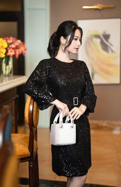 Đầm kim xa đen kèm belt 5018