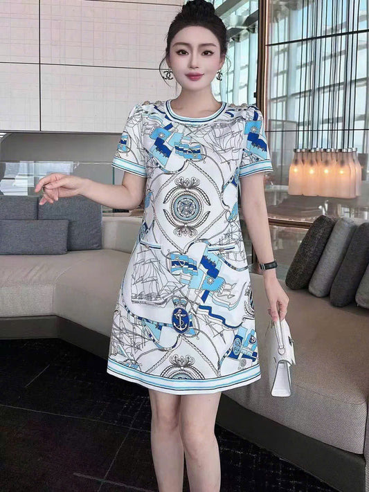 Đầm suông lụa nhiều hoạ tiết đan xen 7355