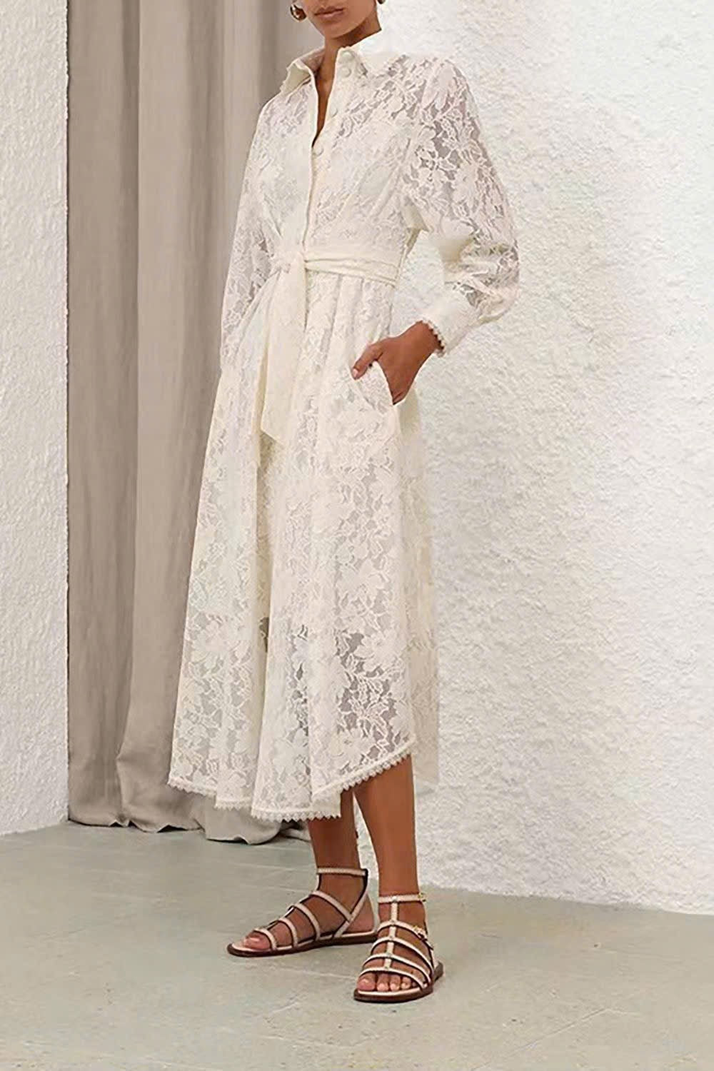 Đầm ren cổ sơ mi dáng maxi màu Trắng 7768