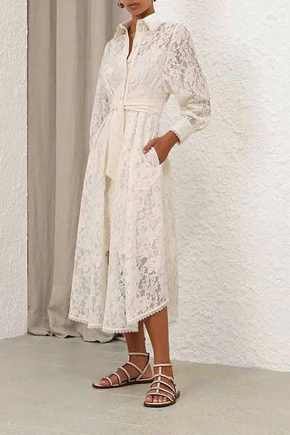 Đầm ren cổ sơ mi dáng maxi màu Trắng 7768