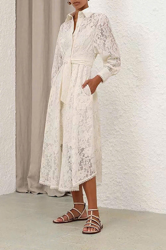 Đầm ren cổ sơ mi dáng maxi màu Trắng 7768