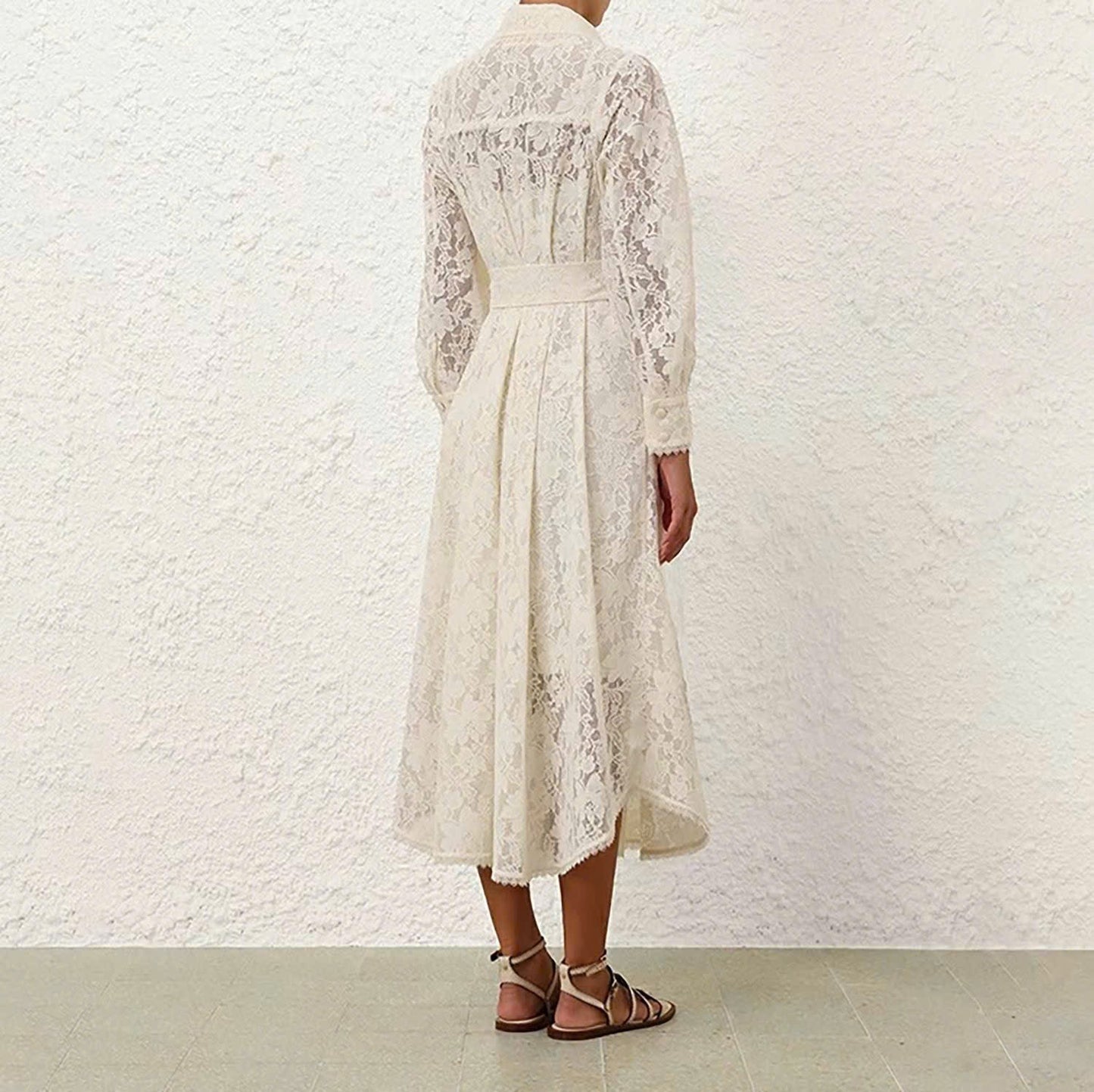 Đầm ren cổ sơ mi dáng maxi màu Trắng 7768